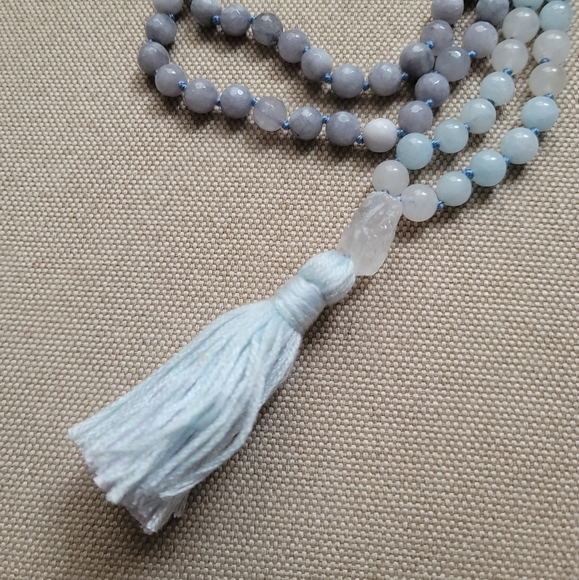 Aquamarine, Amazonite & Quartz Prayer Mala Beads, 24" - Picture 3 of 12